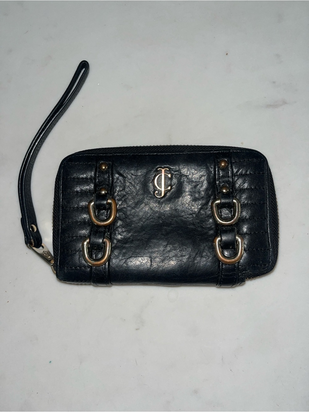 Juicy Couture Black Quilted Leather Wristlet with JC Emblem